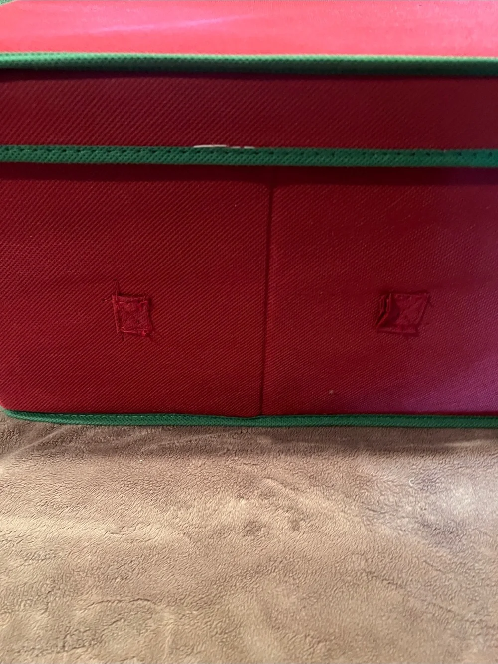 Red Holiday Ornament Storage Box with Green Trim Missing Side Handle